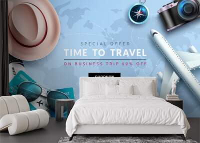 Travel sale vector banner design. Time to travel text with special offer price discount with airplane and travelling elements for business trip flight package promotion. Vector illustration.
 Wall mural