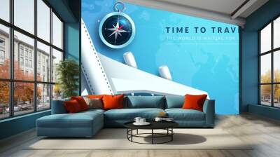 Travel time vector background design. Time to travel text with 3d airplane and compass elements in creative blue map for worldwide travelling. Vector illustration.
 Wall mural