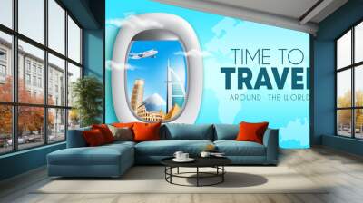 Travel time vector background design. Time to travel text with 3d airplane window view of international tourist destination for worldwide trip journey. Vector illustration.
 Wall mural