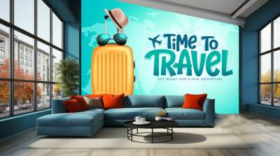 Travel time vector background design. Time to travel text with 3d luggage bag, sunglasses and hat tourist elements for fun and enjoy travelling. Vector illustration.
 Wall mural