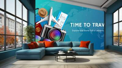 Travel time vector banner design. Time to travel explore the world text in world map background with elements like camera, passport and ticket for worldwide tour and location visit adventure. Wall mural