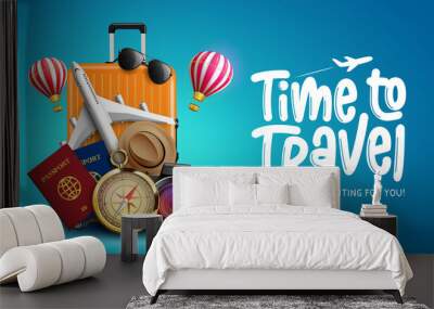 Travel time vector banner design. Time to travel text with travelling elements like airplane, compass, passport and luggage for tour visit and destination trip design. Vector illustration
 Wall mural