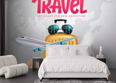 Travel time vector concept design. Time to travel text in map background with luggage, airplane and passport tour elements for fun and enjoy travelling adventure. Vector illustration.
 Wall mural