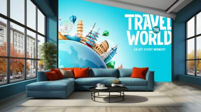 Travel vector background design. Travel the world text with famous tourist destination landmark in globe element for worldwide tourism visit. Vector illustration.
 Wall mural