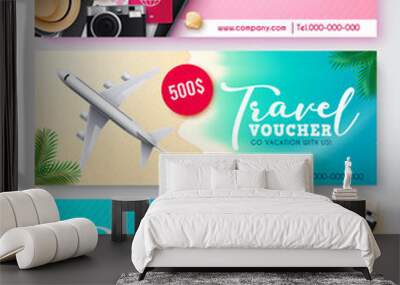 Travel voucher vector banner set. Travel voucher text collection in discount coupon design with worldwide tourist vacation elements for travelling trip coupon. Vector illustration.
 Wall mural