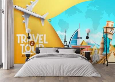 Travel worldwide vector concept design. Travel and tour text with 3d airplane and international destination landmark for explore the world travelling places. Vector illustration.
 Wall mural