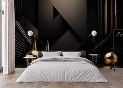 Black luxury background with 3d shapes and gold elements Wall mural