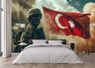 Turkish soldier, Turkish flag and war concept Wall mural