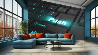 blue glowing Push key on black computer keyboard, 3d illustration Wall mural