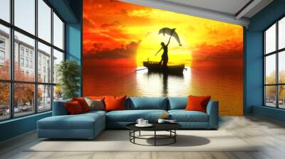 dolphin jumping over a boat with a dancing woman Wall mural