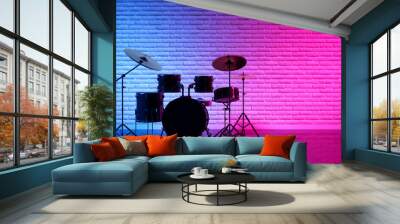 drum set in beautiful neon light, 3d illustration Wall mural