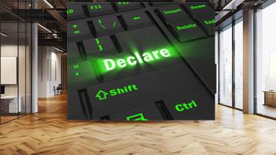 green glowing Declare key on black computer keyboard, 3d illustration Wall mural