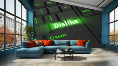 green glowing Dislike key on black computer keyboard, 3d illustration Wall mural