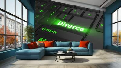 green glowing Divorce key on black computer keyboard, 3d illustration Wall mural