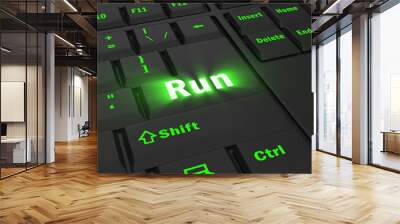 green glowing Run key on black computer keyboard, 3d illustration Wall mural