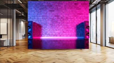 Speakers on the background of an old brick wall in the enon light, 3d illustration Wall mural