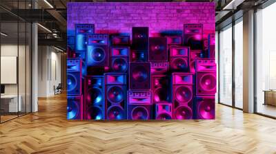 Speakers on the background of an old brick wall in the enon light, 3d illustration Wall mural