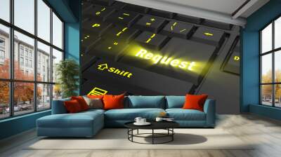 yellow glowing Request key on black computer keyboard, 3d illustration Wall mural