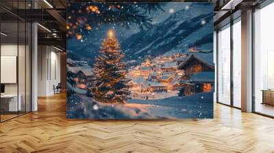 **photo of a a small village in the valley of the hill, snow is falling Christmas,Christmas background. Xmas tree with snow decorated with garland lights, moonlihght, cinematic, relistic, light,backgr Wall mural