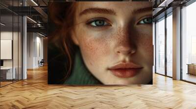 Beauty theme: portrait of a beautiful young girl with freckles on her face Wall mural