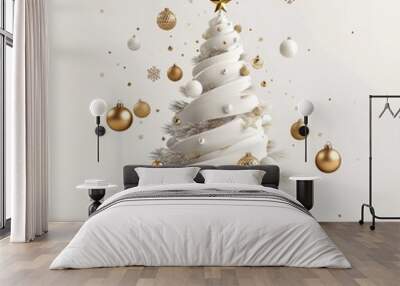 Merry Christmas and Happy New Year Holiday white banner illustration. Xmas design with realistic 3d objects, christmas tree, golden christmass ball, snowflake, glitter gold Wall mural