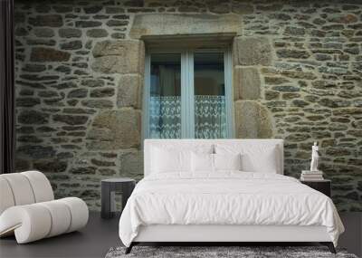 White wooden window on old house stone wall Wall mural