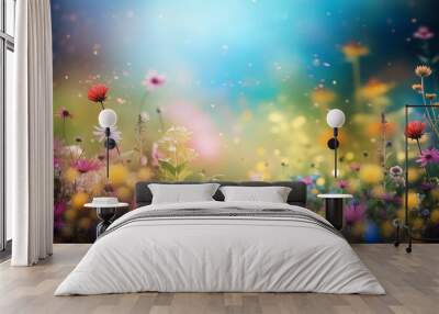 Beautiful spring summer landscape with colorful wildflowers and soft morning light. Generative AI. Wall mural