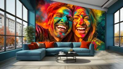 Cheerful young couple dancing in colorful powder explosion on street at happy holi festival party Wall mural