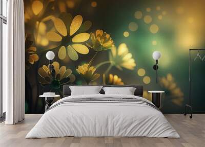 Floral background at green, yellow and golden color tones, copy space. Generative AI Wall mural