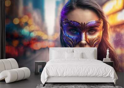 Pretty woman wearing a colorful carnival costume mask on a blurred city background, generative ai Wall mural