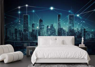 Smart city and connection technology concept, illustration of big data. Generative AI. Wall mural