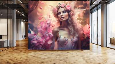 Surprisingly beautiful woman - flower fairy in pink fantasy garden. Generative AI. Wall mural