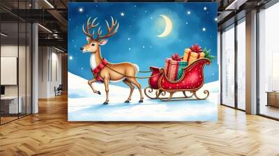 Christmas reindeer sleigh ride with gifts against the Snowy night sky Wall mural