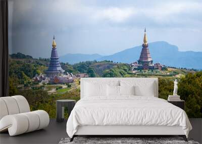 Landscape of two pagoda on Inthanon mountain, Chiang Mai, Thailand. Wall mural