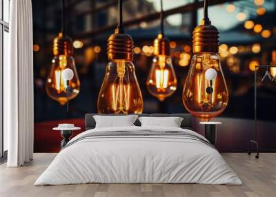 Decorative antique ediso style light bulbs on cafe background Wall mural