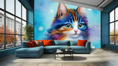 sweet colorful kitten in falling snow, watercolor Wall mural