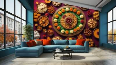 A table filled with a variety of delicious Diwali sweets and snacks, inviting one to indulge Wall mural