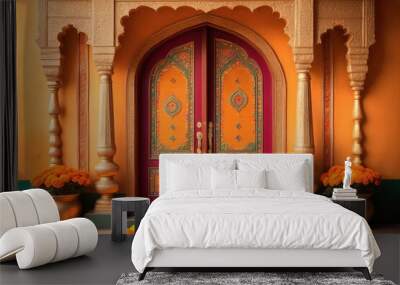 An ornate door adorned with marigold flowers and colorful rangoli patterns welcoming visitors during Diwali Wall mural