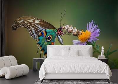 Close-up of a peacock butterfly feeding on a bright Aster flower, its intricate wing patterns illuminated by natural daylight, set against the serene landscape of Bavaria, Germany. Wall mural