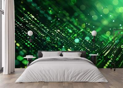 Abstract binary code with green glowing light bokeh on dark background Wall mural