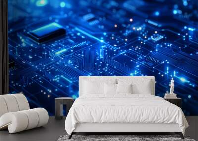 Abstract blue glowing circuit board with chips and transistors Wall mural