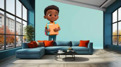 Cheerful African American boy with school bag and book Wall mural