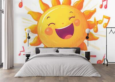 Cheerful sun character dancing with music notes in a bright illustration. Wall mural