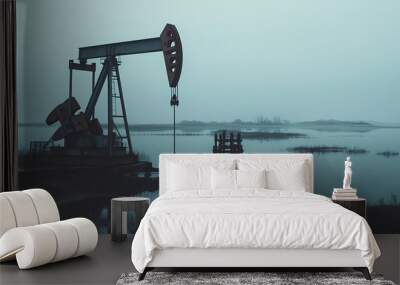 Cinematic view of an oil pump amidst foggy industrial landscape. Wall mural