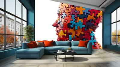 Colorful puzzle pieces creating silhouette of adult head profile Wall mural