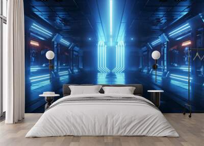 Dark futuristic room with blue neon lights. Abstract cyberpunk design Wall mural