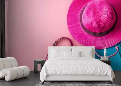 Fashionable Accessories in Pink: A Colorful Collection of Hats, Shoes, and Purses on Sale shopping Wall mural