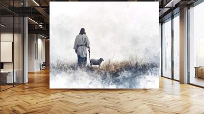 Jesus Walking in a Misty Field with a Lamb Wall mural