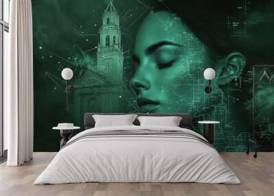 Mysterious woman meditating with floating shapes and church tower Wall mural