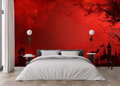 Red Halloween background with spooky elements and characters, copy space Wall mural